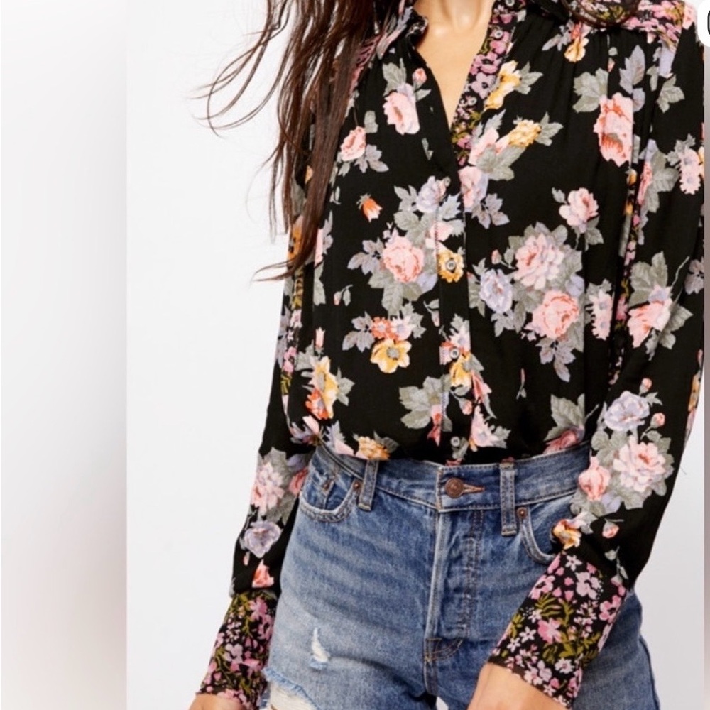 Free People Black Floral Blouse - Medium